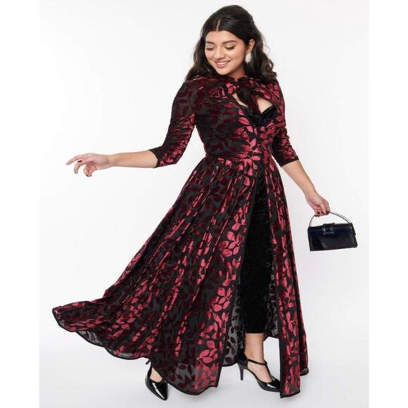 Unique Vintage Royal Purple and Tan Velvet Burnout Tallulah Duster M 6 8 NWOT - Picture 4 of 11